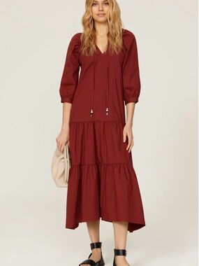 Boss~Dark Red Depera Tiered V-Neck Midi Dress~Size 2~$495~